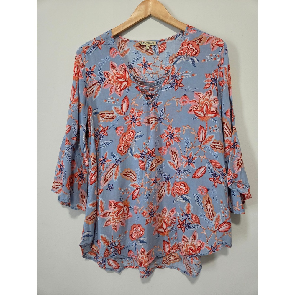 Democracy Floral Lace Up V-Neck Tiered Bell Sleeve Rayon Blouse Blue Orange M
